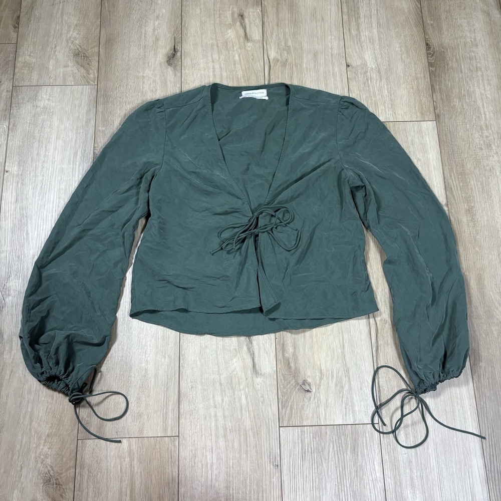 Urban Outfitters Tie Front Blouse Womens M Sage Green Long Sleeve Modal Blend